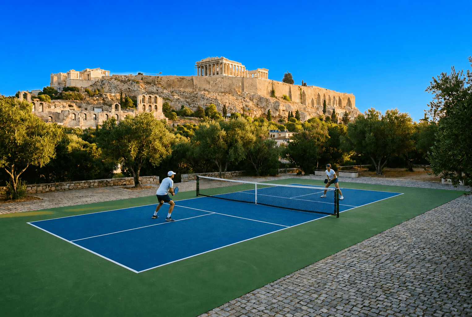 Pickleball court overlooking the Acropolis in Athens