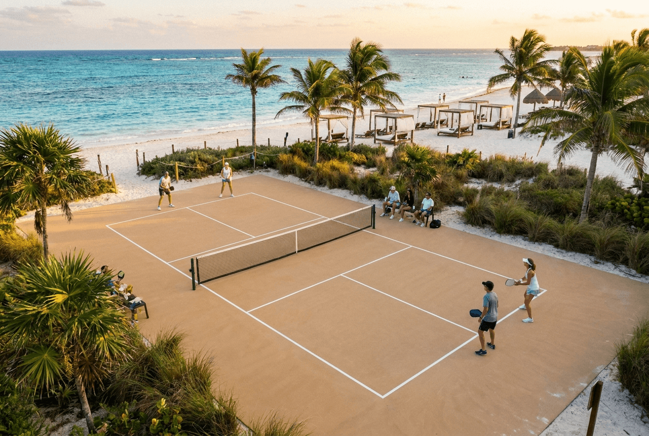 Beachfront pickleball court at a tropical resort