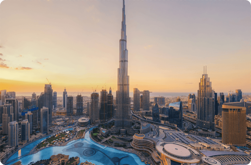 Dubai skyline with the Burj Khalifa at sunset
