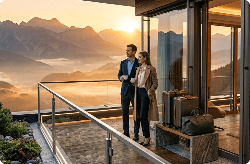 Couple with coffee on a balcony overlooking mountains at sunrise