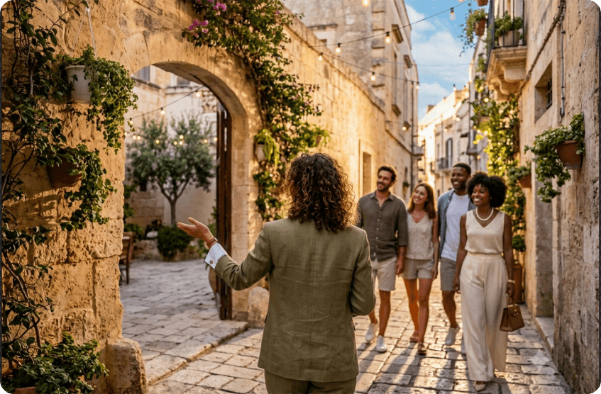 Guide welcoming travelers through a historic village street