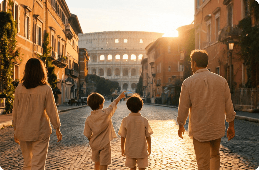 Family walking toward the Colosseum in Rome